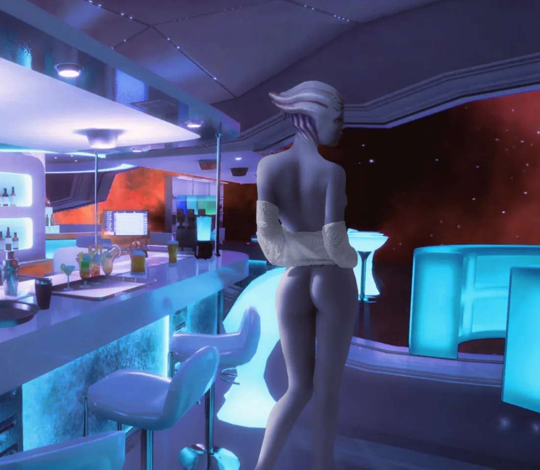 Asari nude dancer at a bar taking a break. (Rastifan)