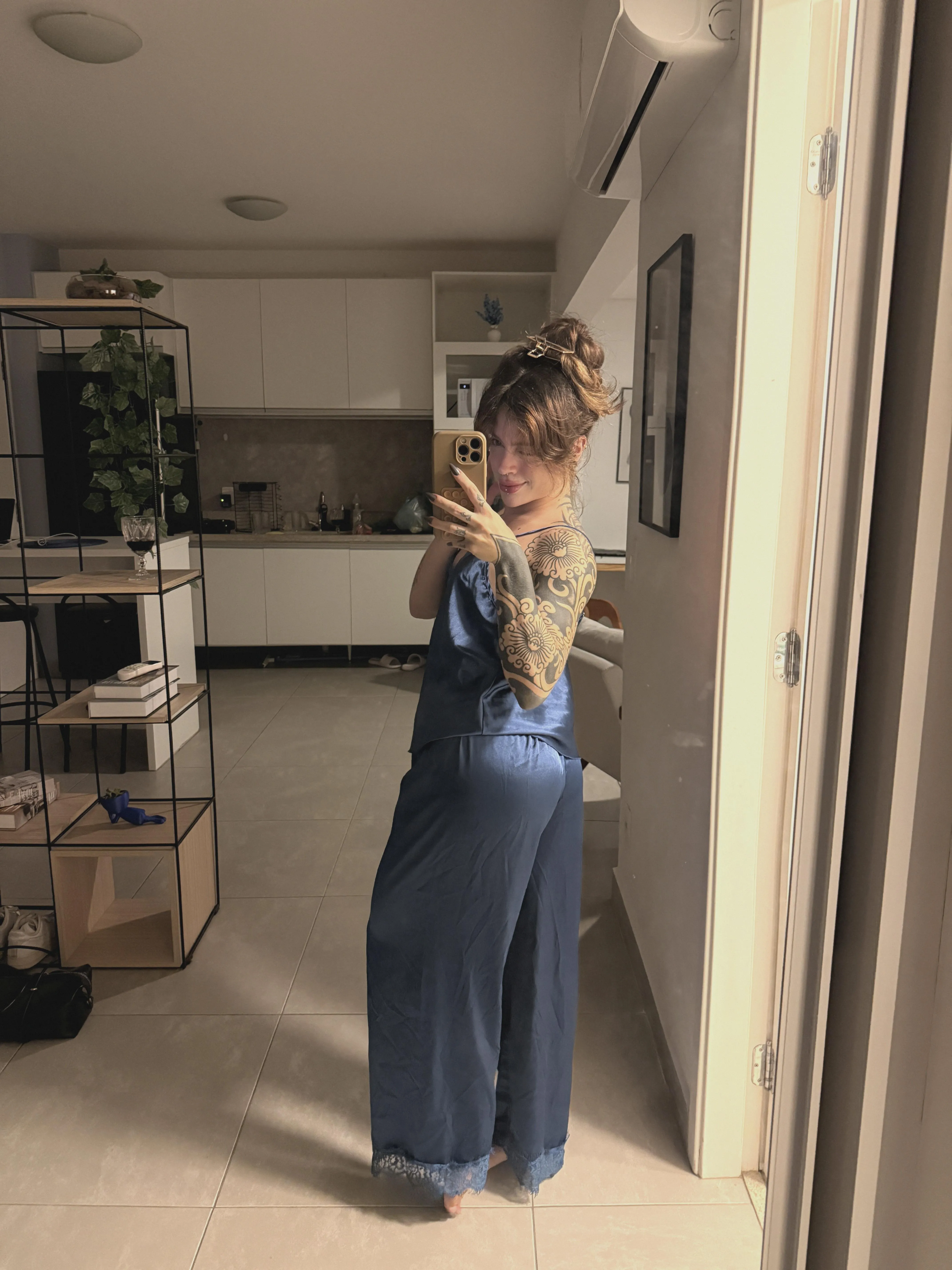 blue silk with no panties on