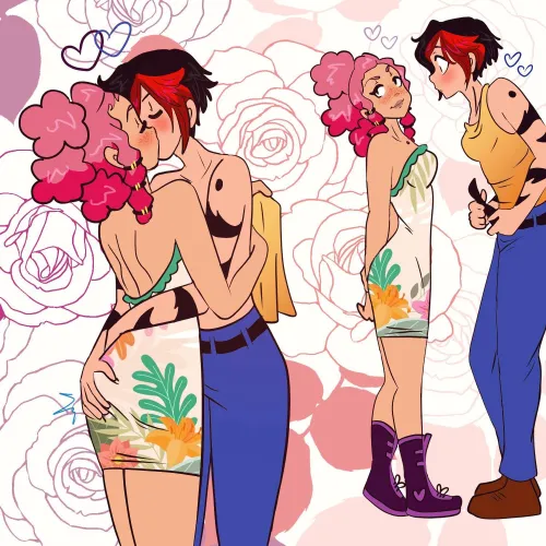 [OC][Our Little Universe] Ruby and Rosa engaging in a little flirtatious behavior before going out on a date night. Will they even make it out the door? 👀 lol I really love their outfit choices though! 😍💜