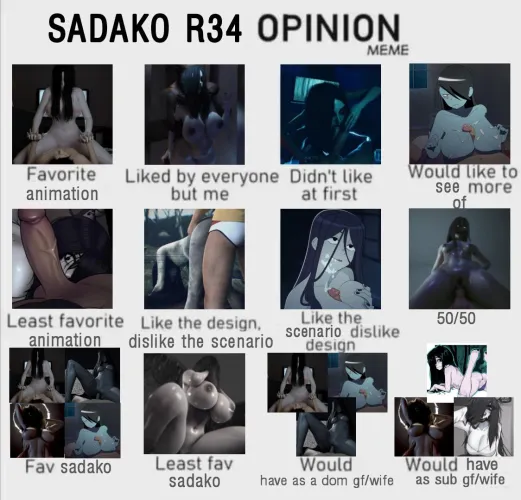 The 'fandom opinion' meme but with Sadako Rule34 (ones I've seen)