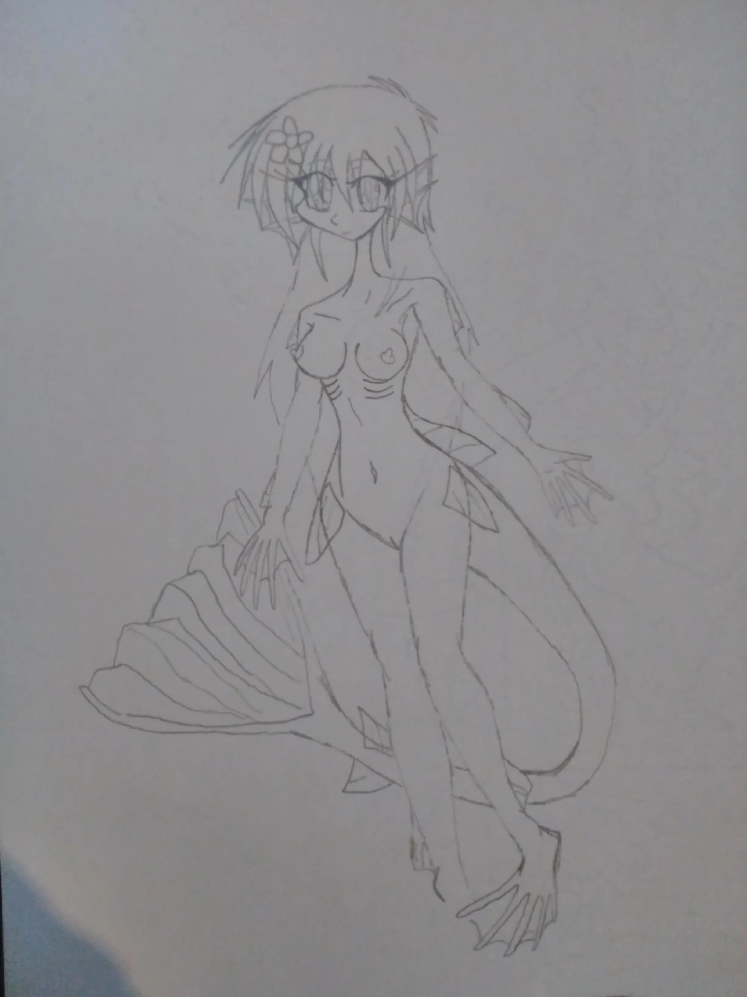 Pencil drawing of nude aquatic girl with tail