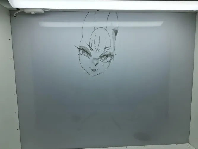 Hellooo everyone! Right now I'm trying to learn Merunyaa's artstyle and I decided a very good (dumb) idea to draw one of her newest pieces on my whiteboard with a pencil, this is my progress so far, wish me luck yall cuz it'll be hard as hell :3