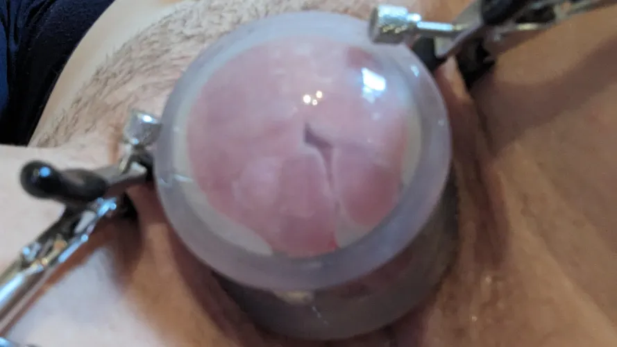 Suction cup over my clit and my lips clamped to keep them out