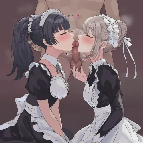 both maids were on their knees, taking care of their Master