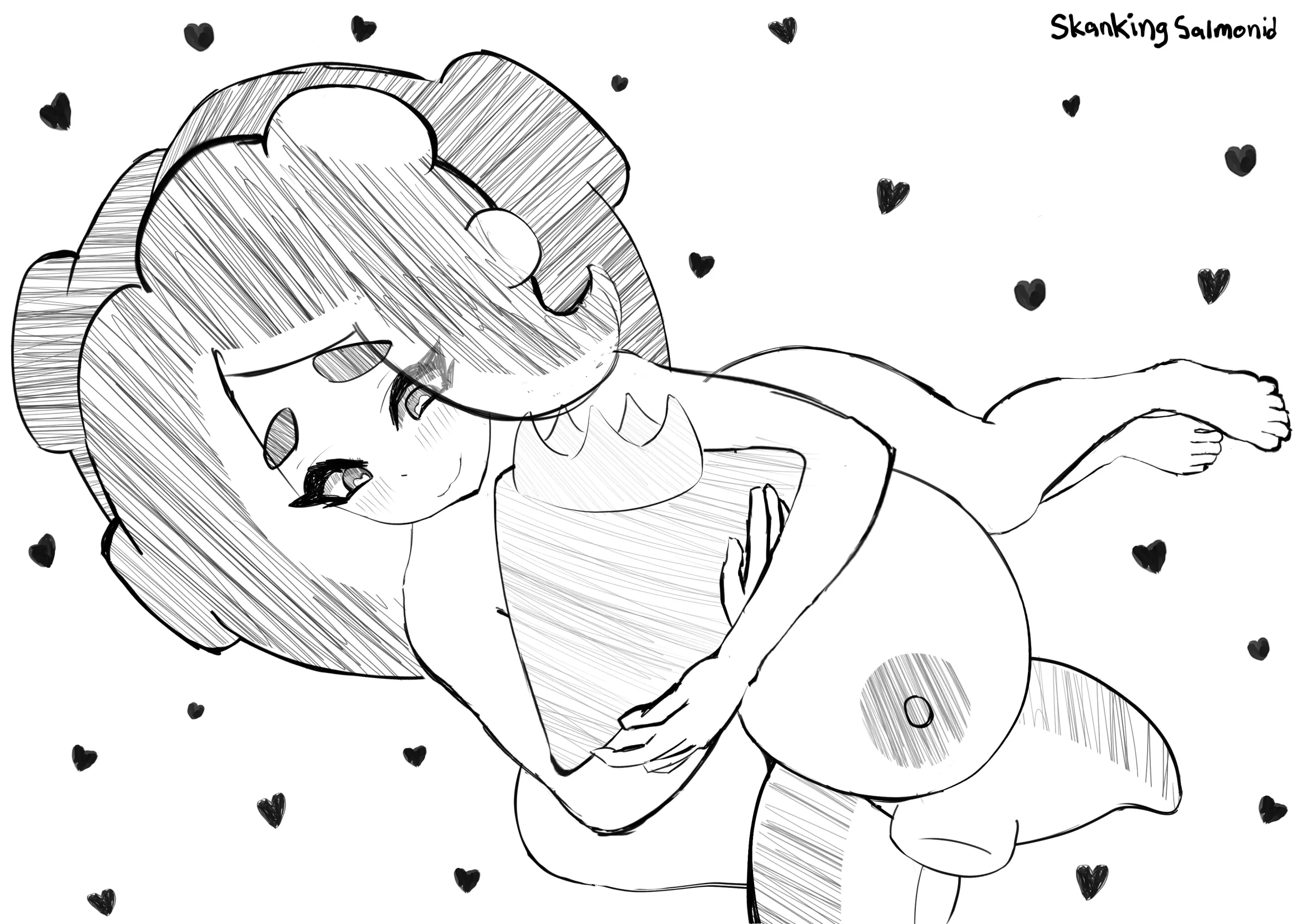 Marina hugging Squid Pearl to her chest (Skanking Salmonid)