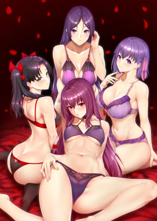 Matou Sakura, Minamoto no Raikou, Scathach and Tohsaka Rin (Zucchini)