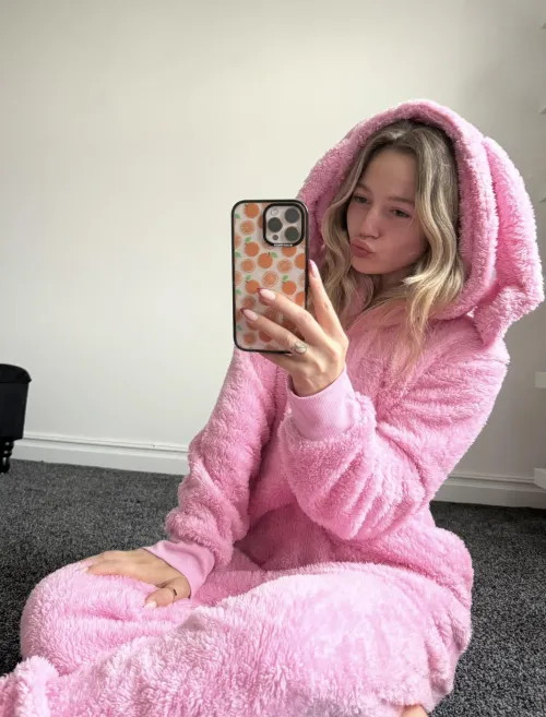 Obsessed with my new pink fluffy bunny onesie 😍💕🐰