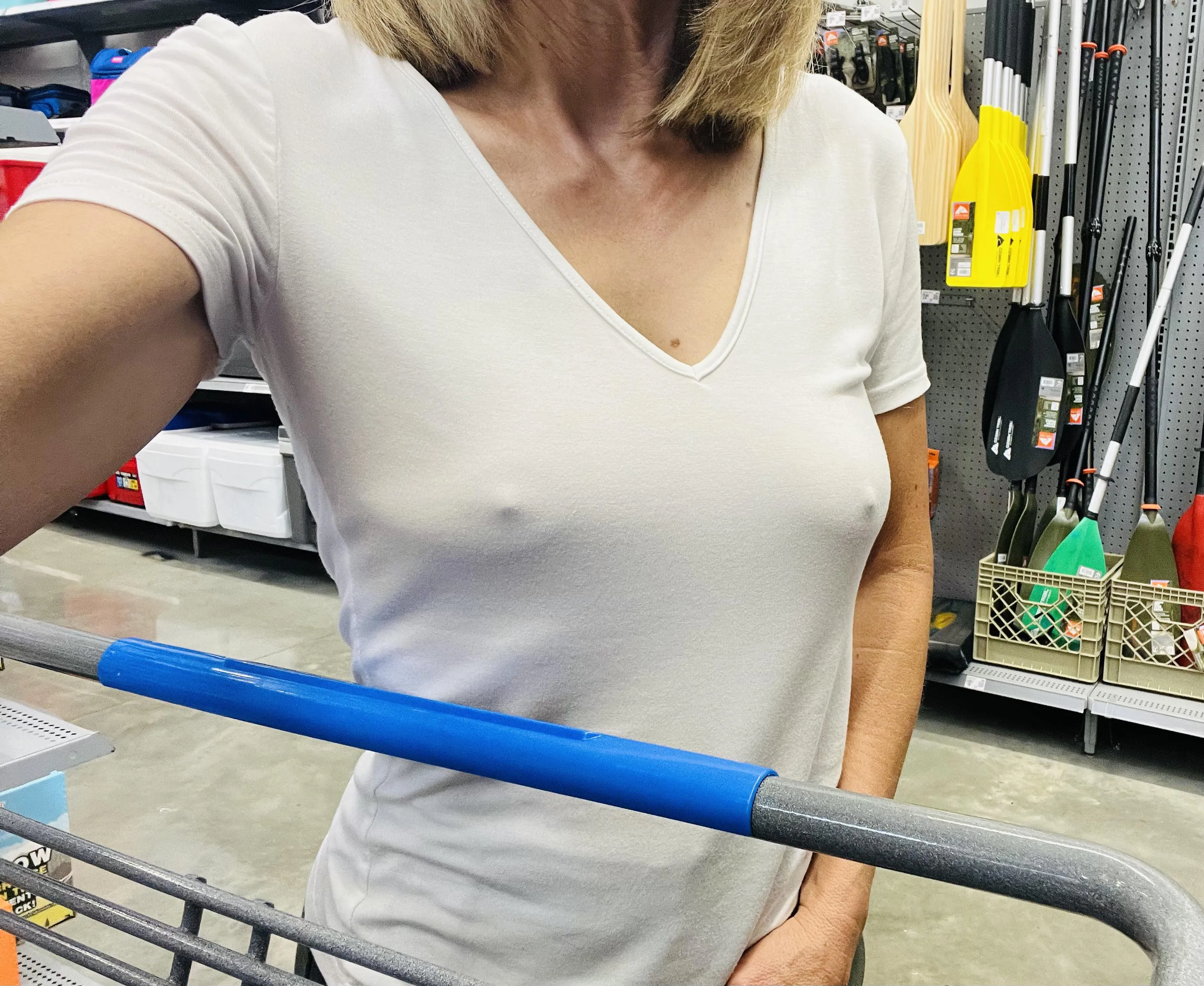 Out shopping and loving the freedom of no bra!