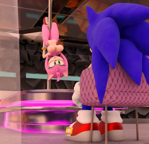 Sonic watching Amy Rose poll dance (shadowyartsdirty)