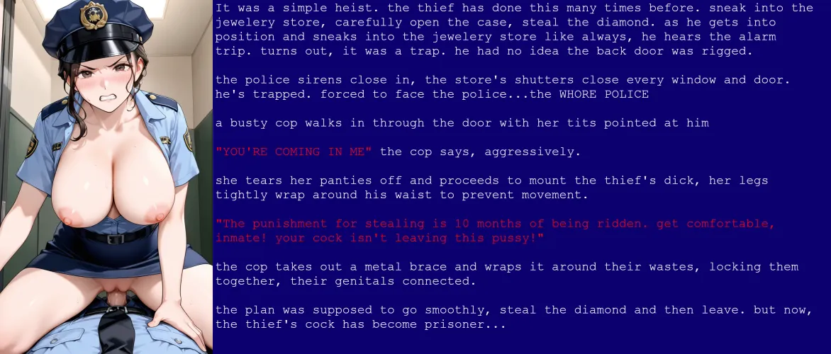 Whore cops part 2 [Narration] [Punishment] [Vaginal Penetration] [Law Enforcement] [Femdom] [Dick Riding] [AI Image]