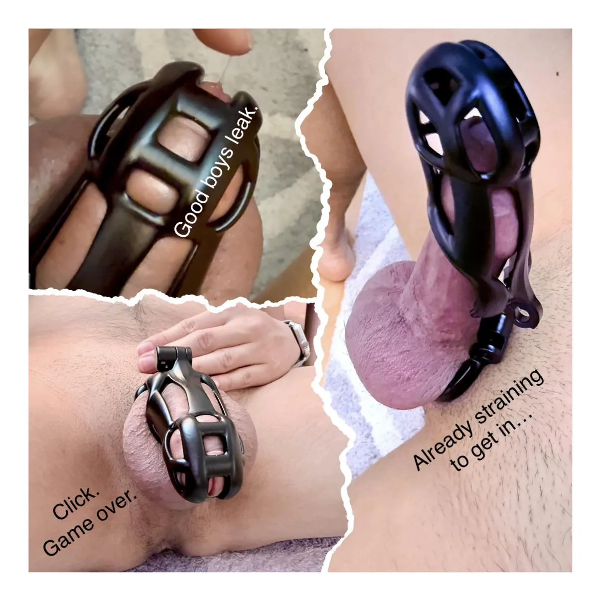 Locked in my new Cobra cage! Got hard in the process of putting it on and then leaked.