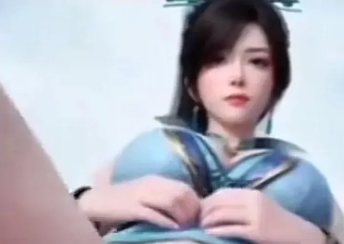 Color: 1girl, animated, black hair, long hair, 3d, large breasts, blue dress, earrings, looking at viewer, chinese dress, legs spread