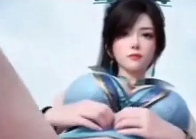 Color: 1girl, animated, black hair, long hair, 3d, large breasts, blue dress, earrings, looking at viewer, chinese dress, legs spread