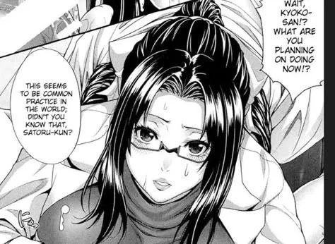 Lf mono source: 1girl, glasses, labcoat, hairbun, cum on cloth,sweat, txt :