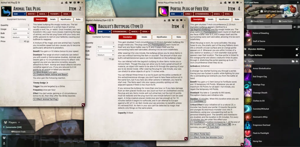 Here's a few choice buttplugs from ArdisFoxx's Lewd PF2e: A Brand New Foundry module for adding NSFW Rules to your Pathfinder 2e game - Now with Lovense Integration!