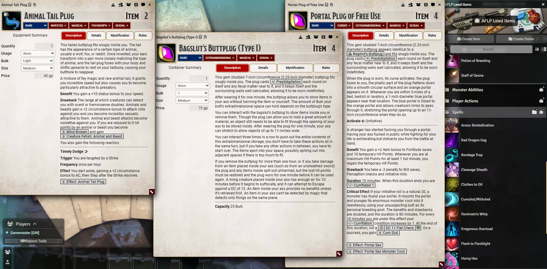 Here's a few choice buttplugs from ArdisFoxx's Lewd PF2e: A Brand New Foundry module for adding NSFW Rules to your Pathfinder 2e game - Now with Lovense Integration!