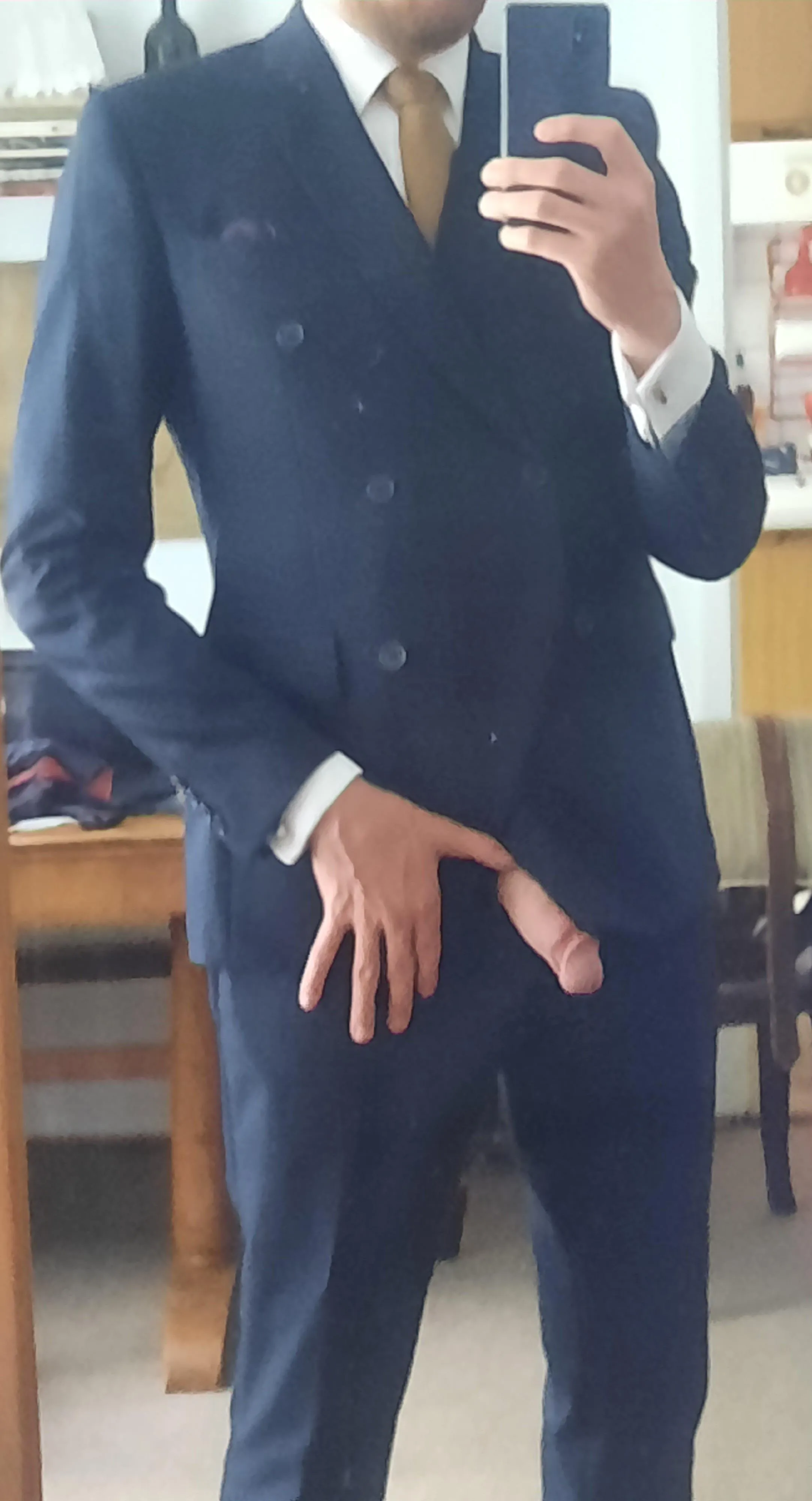 My hard cock proudly out of my custom double-breasted suit