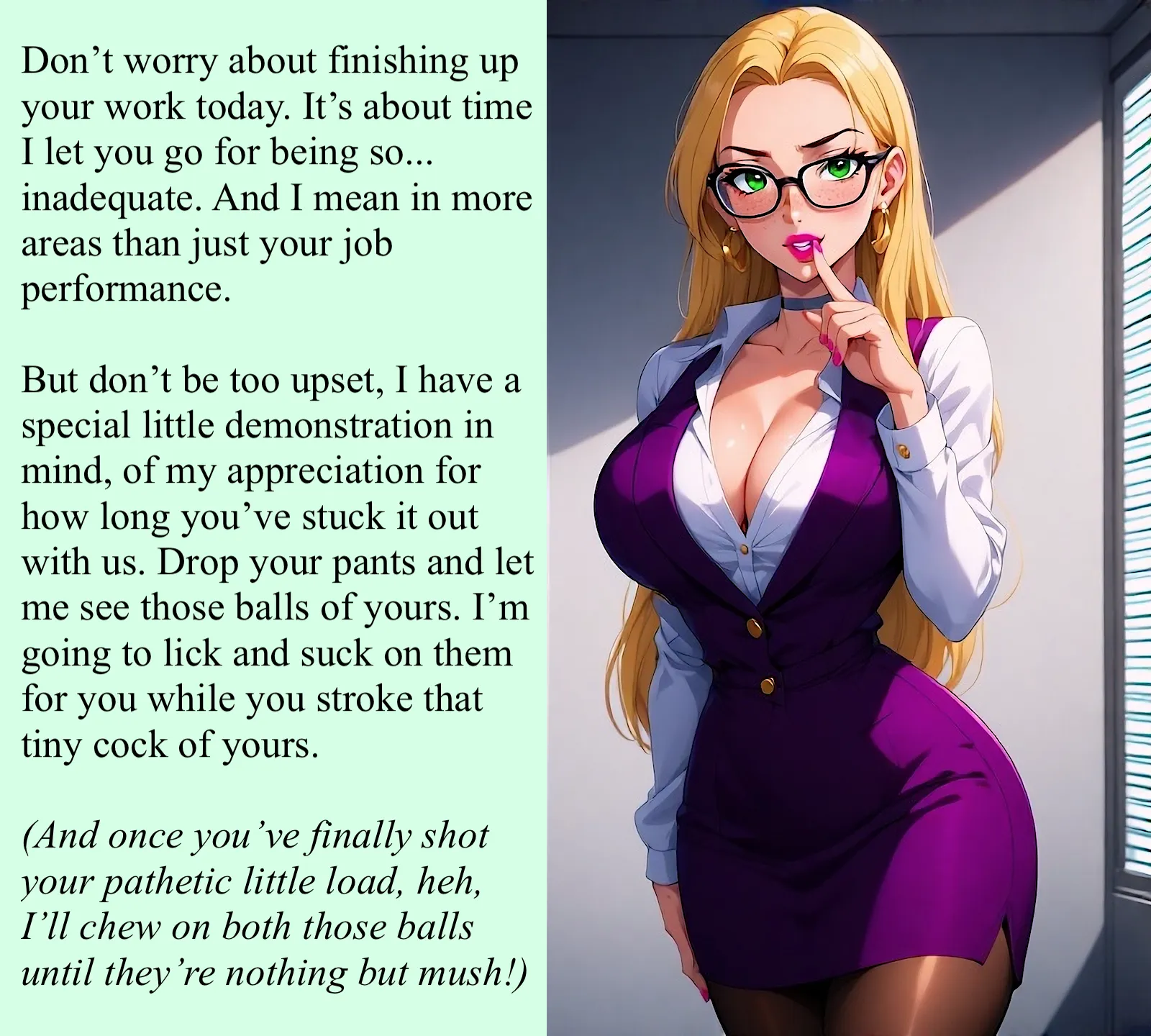 Your boss has a special little demonstration in mind before firing you… [AI Image] (punishment81 on ImageFap)