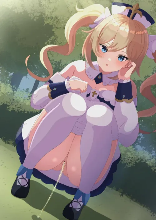 Barbara squat peeing outdoors