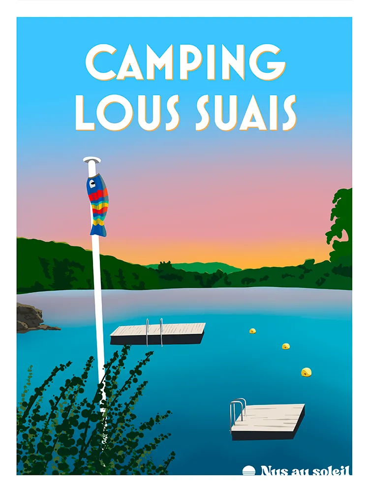 Lous Suais – Illustrated poster of a peaceful naturist campsite in France