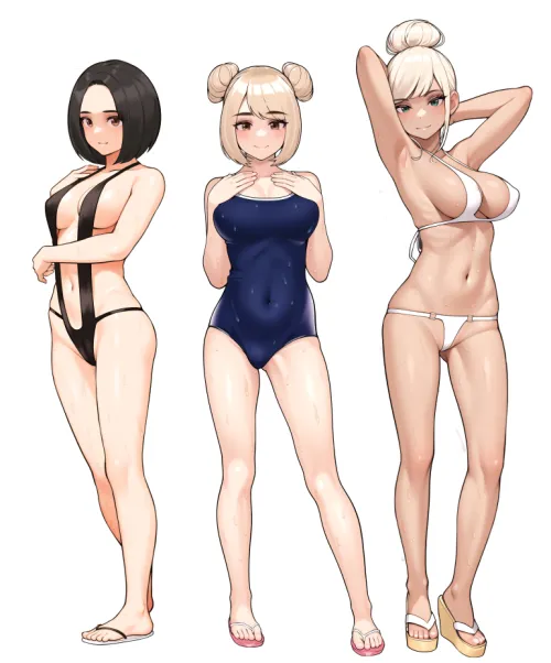 3 girls in swimsuit and flip flops