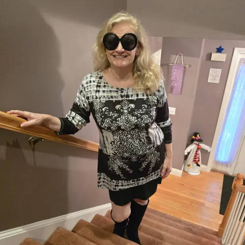 Morning smile from blonde 58 year old.