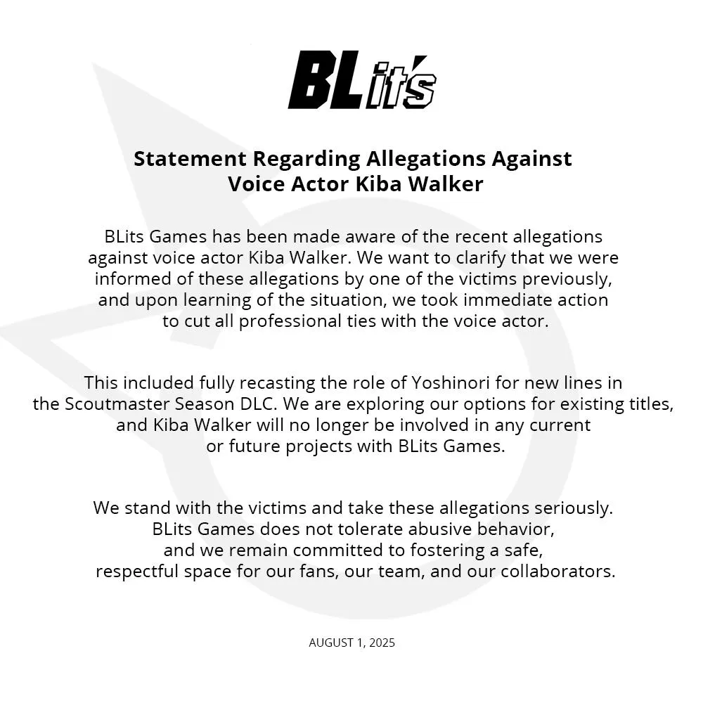Statement From BLits Games Regardng Kiba Walker (Original Keitaro & Yoshinori VA)