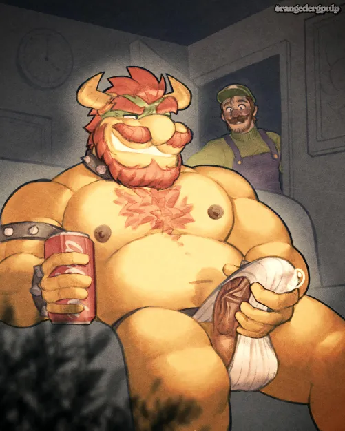 Luigi wanted to have a movie night with his husband... Turns out Bowser was two steps ahead. 🧡💚 (@orangedergpulp)