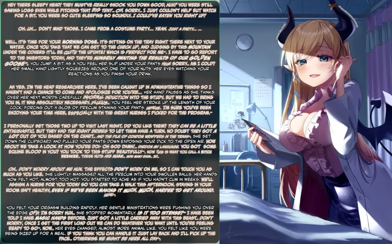 You finally get to meet the lead running this drug study, and she looks a little odd... but somehow she seems the most normal... Part 6 after a hiatus of the drug trial story. [handjob] [ball fondling] [cock shock] [doctor] [imminent milking] [series] [p