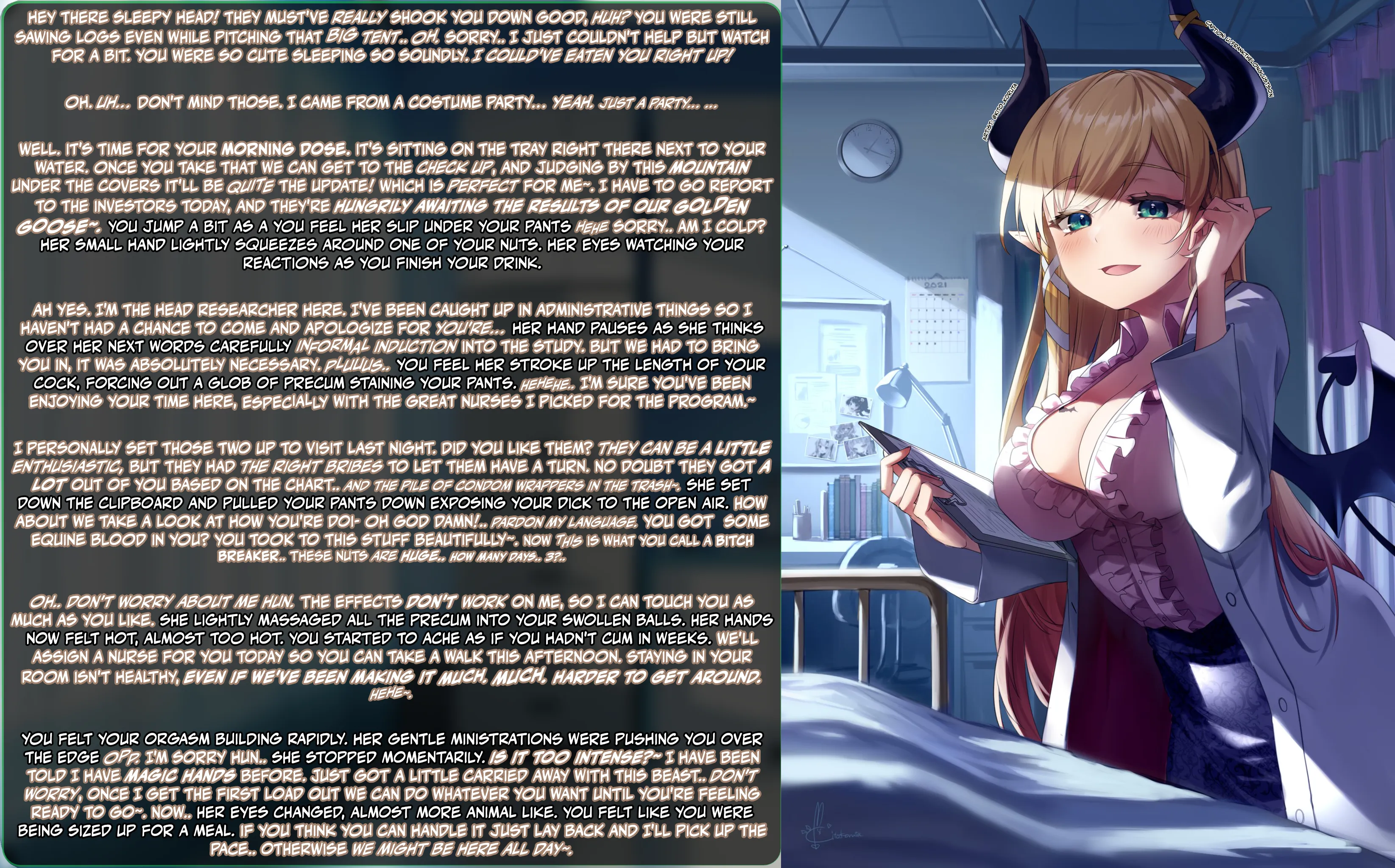 You finally get to meet the lead running this drug study, and she looks a little odd... but somehow she seems the most normal... Part 6 after a hiatus of the drug trial story. [handjob] [ball fondling] [cock shock] [doctor] [imminent milking] [series] [p