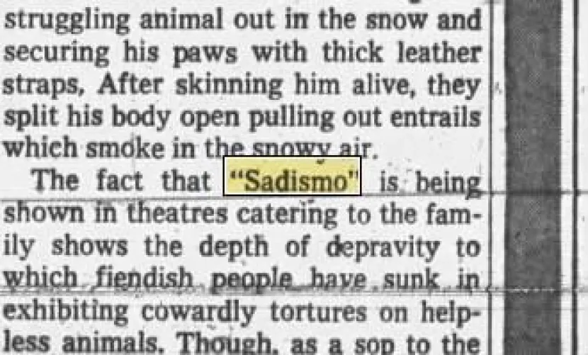 A little snippet from a newspaper submission regarding Sadismo and its animal cruelty scenes: