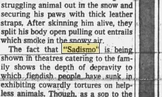 A little snippet from a newspaper submission regarding Sadismo and its animal cruelty scenes: