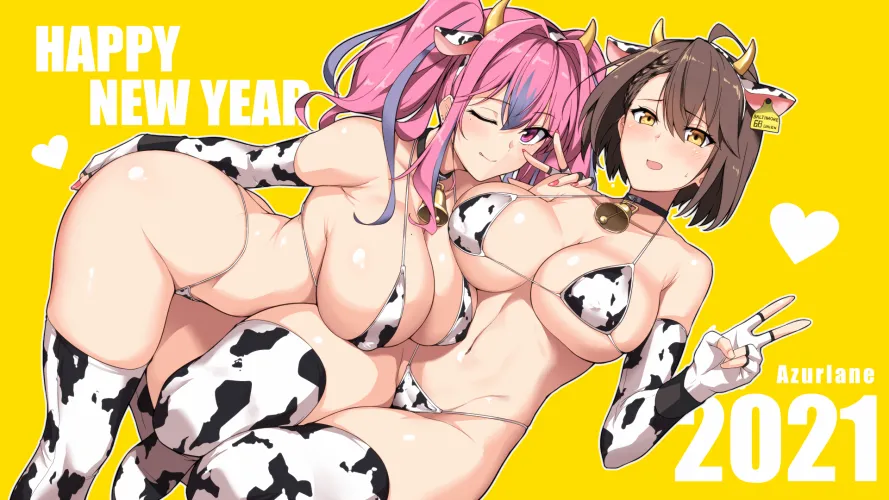 Cow bikini Bremerton and Baltimore offering their breasts full of milk (Halcon) [Azur Lane]