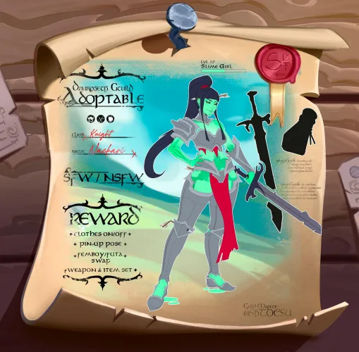 Been sketching a fantasy guild project, here’s the first character, a slime knight girl, what do you think?