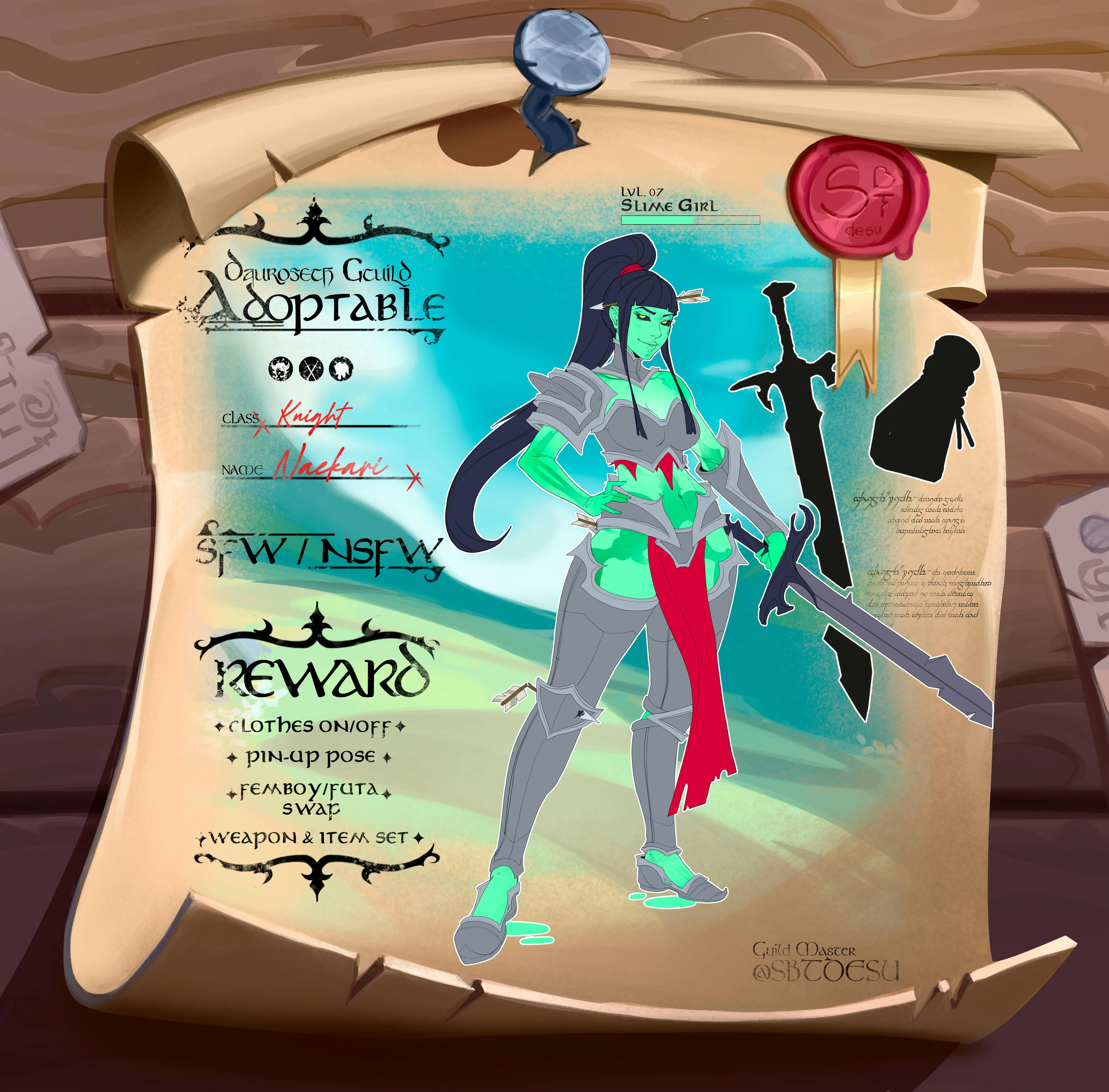 Been sketching a fantasy guild project, here’s the first character, a slime knight girl, what do you think?