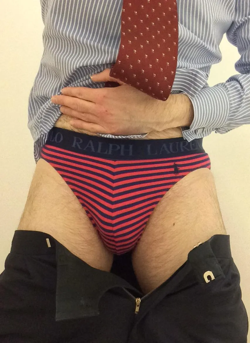 First day back in a suit. I went for stripes today, both for shirt and underwear.