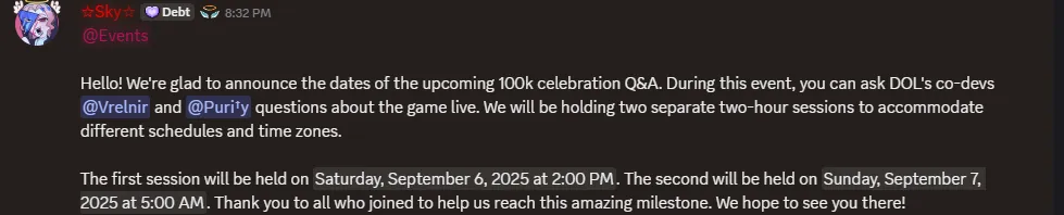 DOL will have an official Q&A on September 6/7 on Discord! (NOTE: This is for GMT-3 Timezone, go to Discord to check yours!)