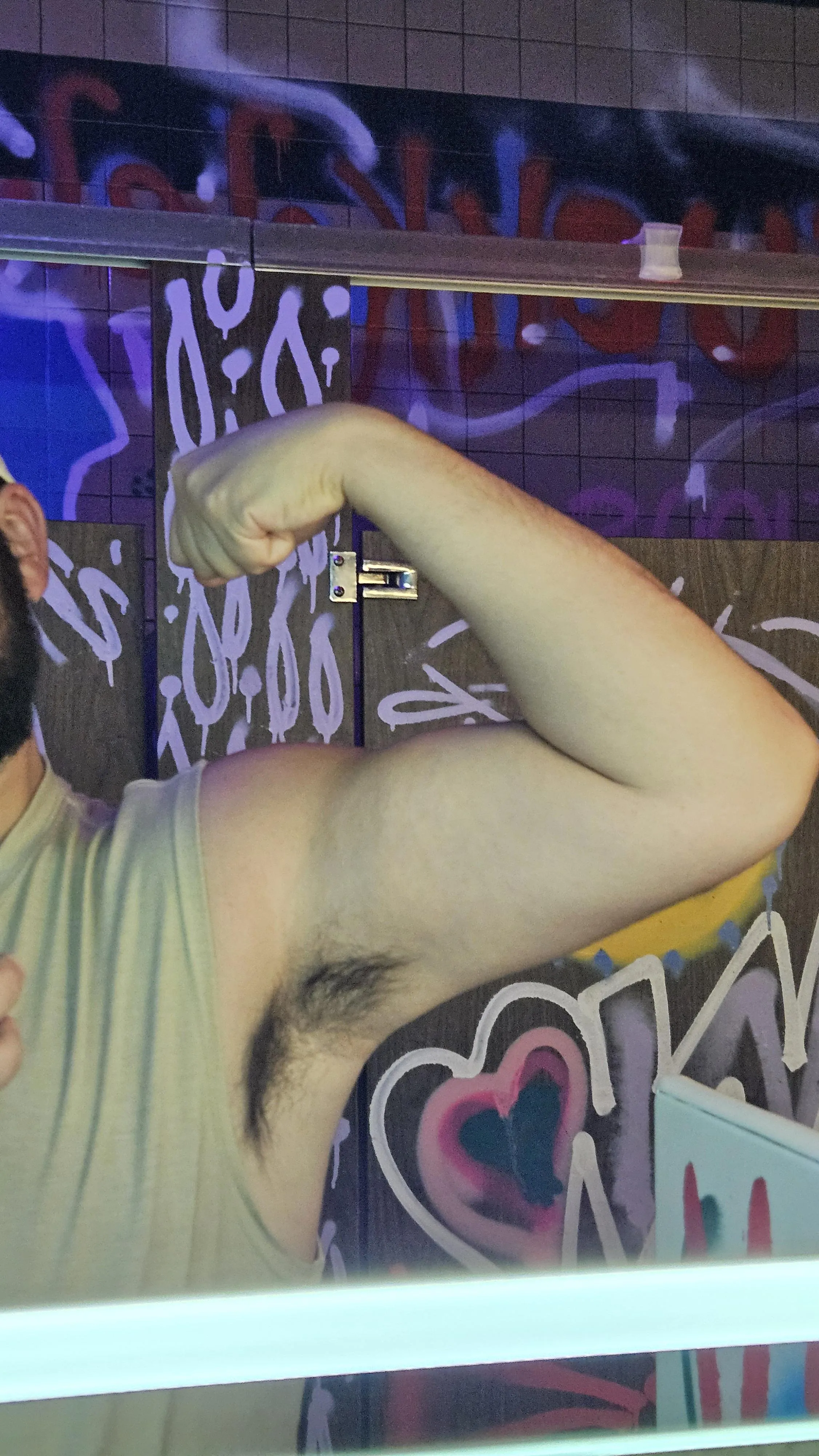 No deoderant. Come stand next to me at the urinal and take a whiff?