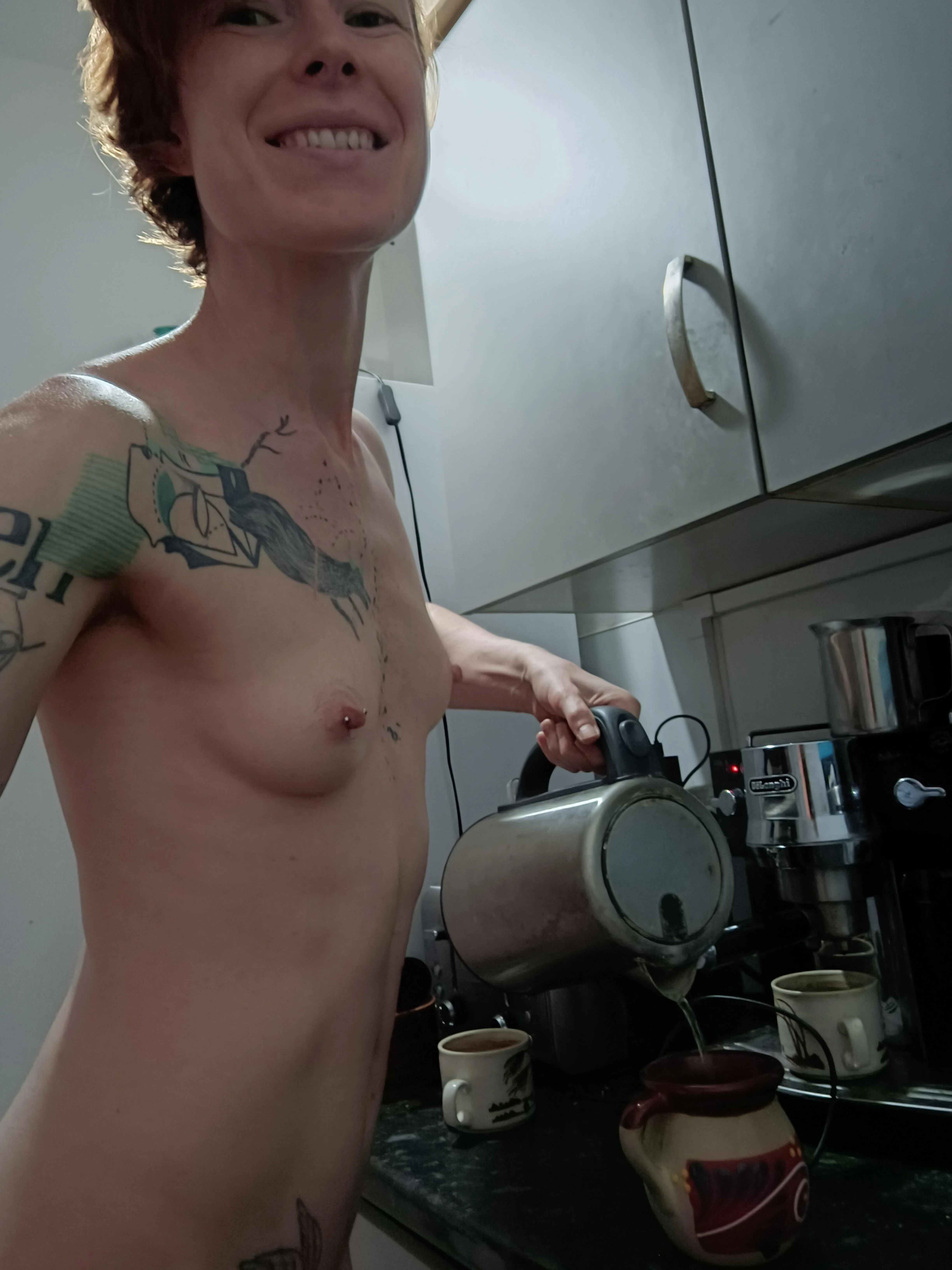 Making tea naked (somehow I managed not to spill anything)