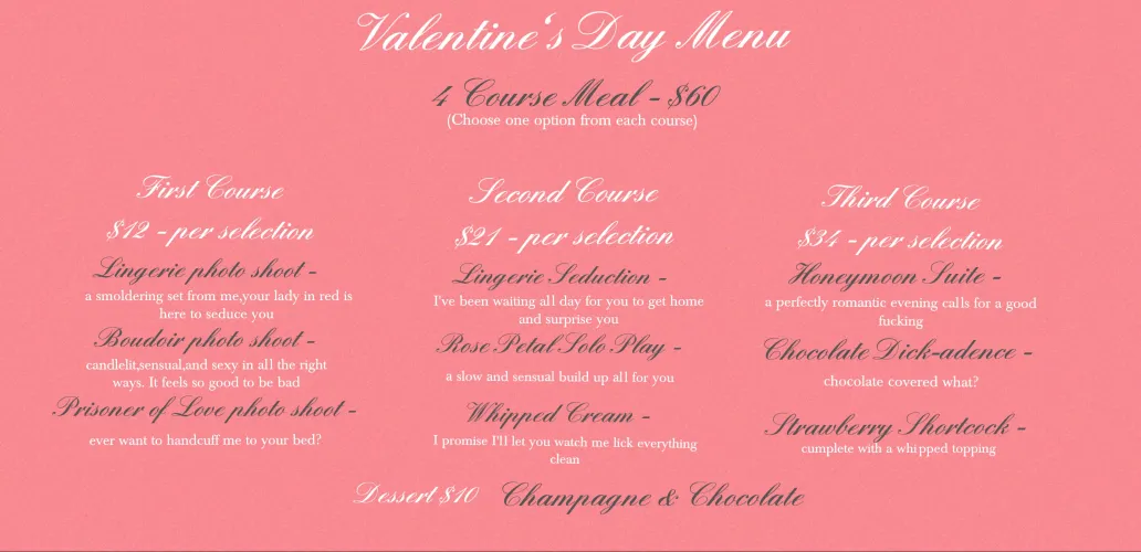 Plans for V-day? How about getting some of my box to your inbox?♥😈 I put together a delectable meal that will leave your mouth watering. Pick and choose your dishes a la carte or indulge in a 4 course dining experience for an extra special price. Co