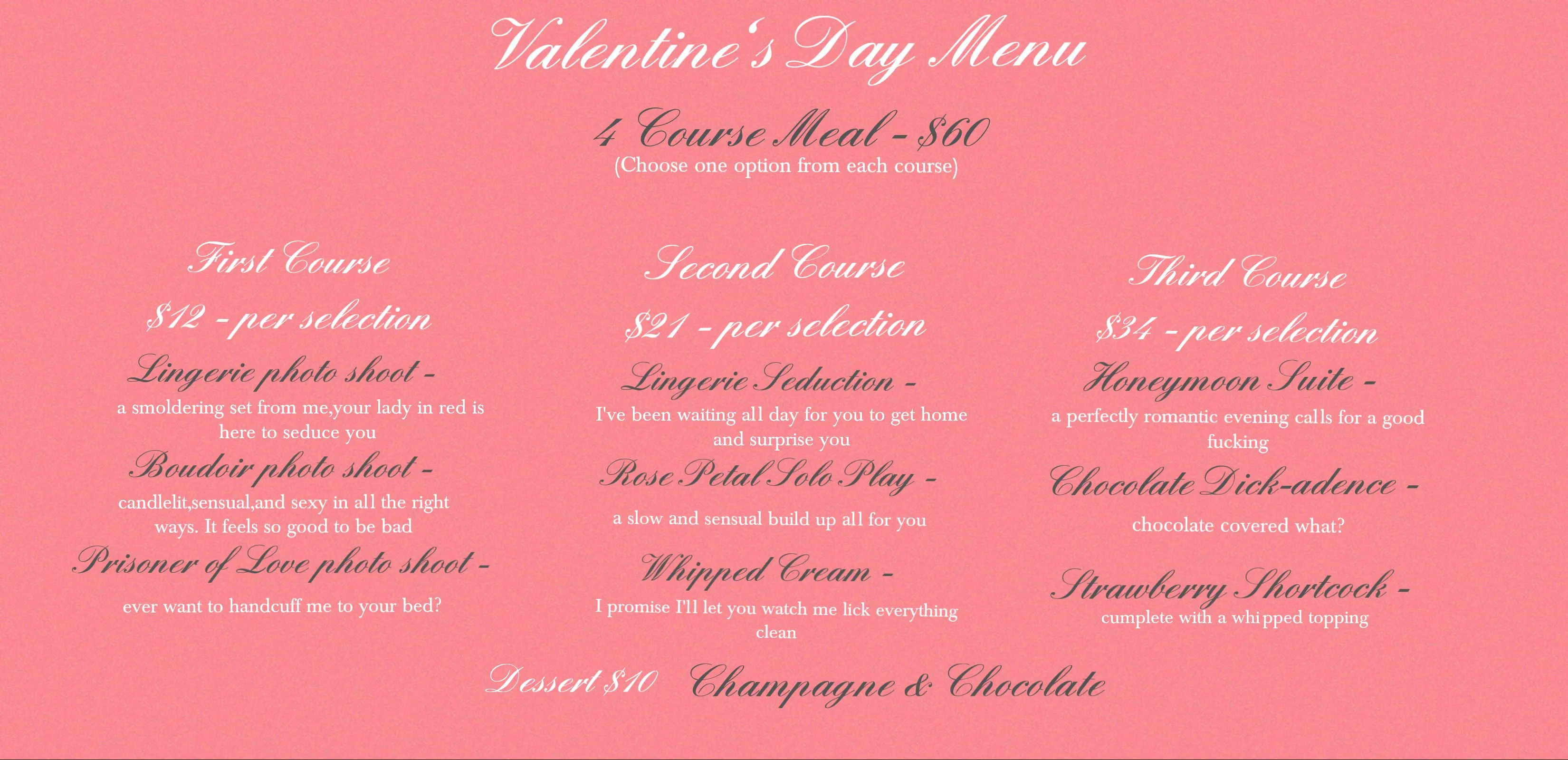 Plans for V-day? How about getting some of my box to your inbox?♥😈 I put together a delectable meal that will leave your mouth watering. Pick and choose your dishes a la carte or indulge in a 4 course dining experience for an extra special price. Co