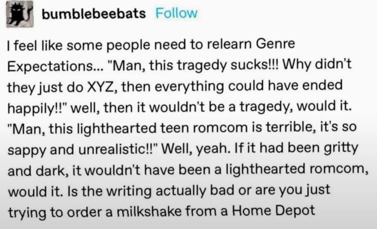 “TBH, I really just want the Home Depot milkshake.”-r/books
