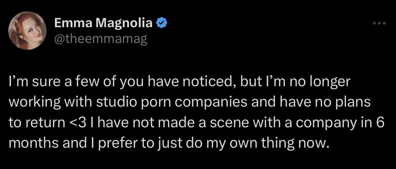 Breaking: Emma Magnolia announces she is no longer working with Studio Porn Companies 