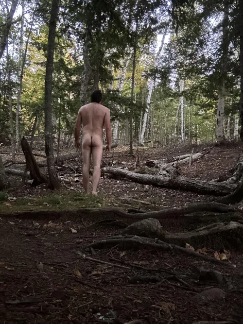 Naked hike in the woods