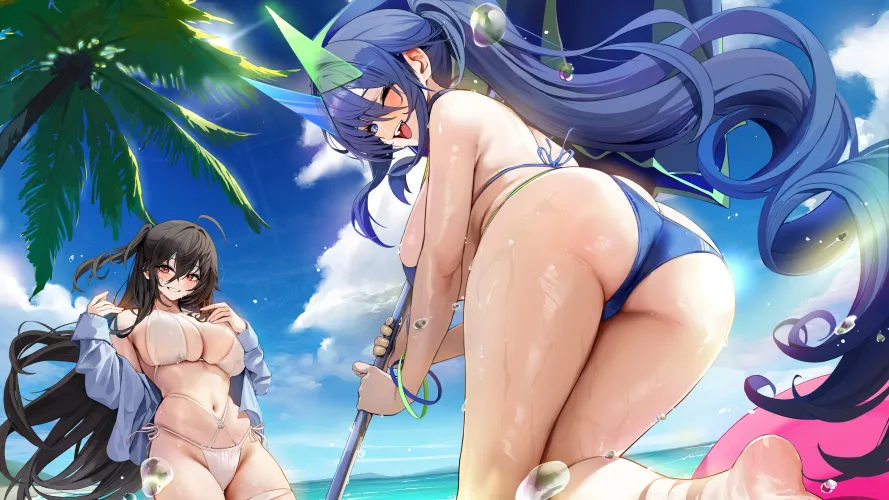 Taihou and New Jersey enticing the Commander with their curvy bodies