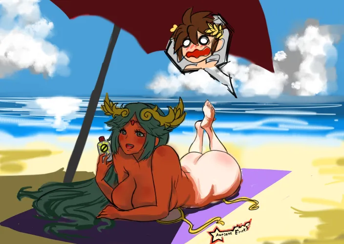 Palutena inviting Pit to feel and oil up her big ass and huge breasts