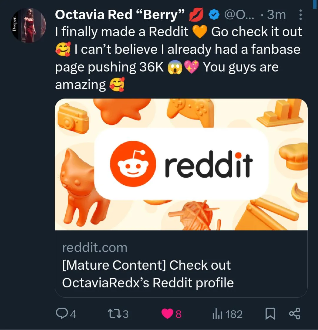 Give a warm welcome to Octavia - u/Octaviaredx - who just joined reddit [Verification]