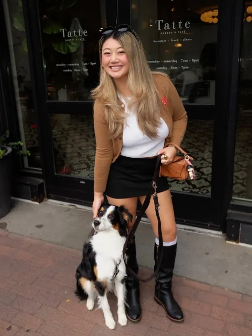 looking cute, walking the dog