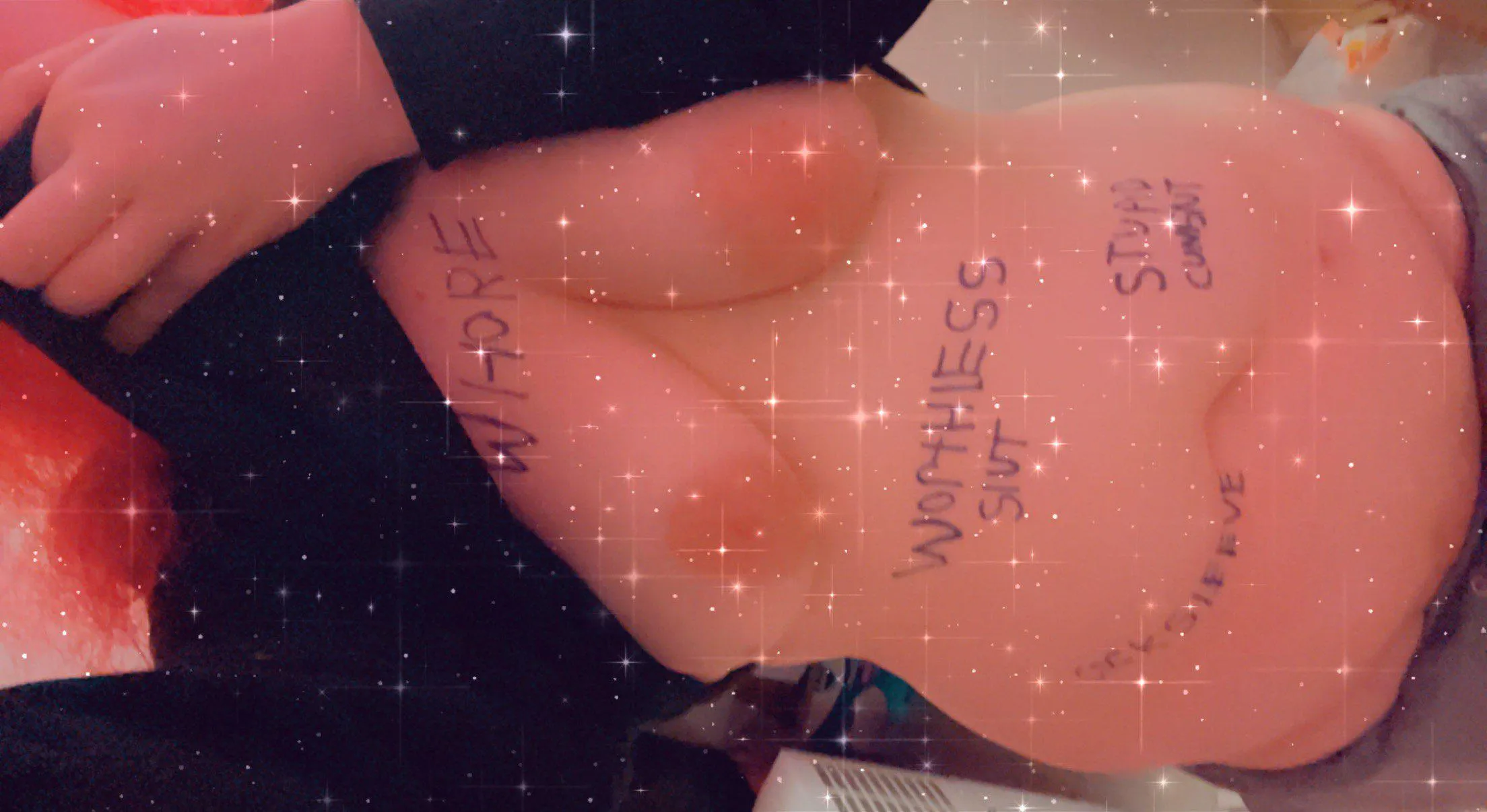 How a good cunt goes to work, with degrading insults from strangers on reddit written all over its tits.