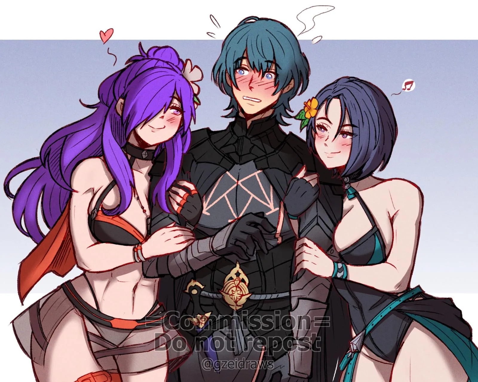 Byleth being seduced by Shamir and Shez's athletic bodies (my commission by gzei)